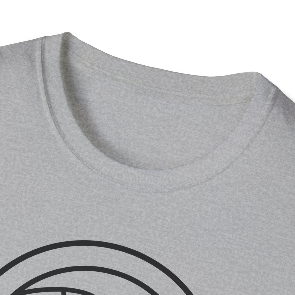 Light gray crewneck T-shirt with black circular patriotic graphic, partial view