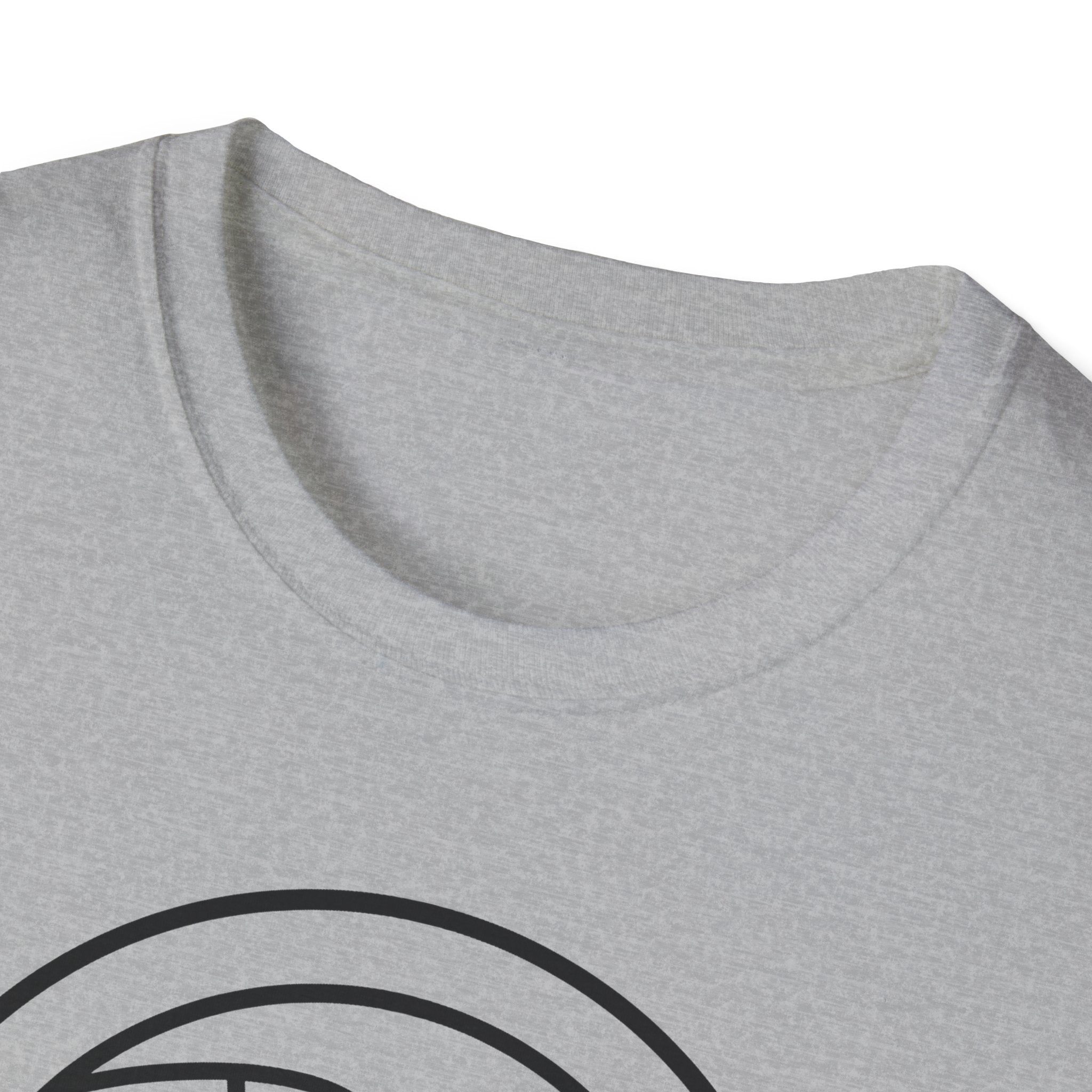 Light gray crewneck T-shirt with black circular patriotic graphic, partial view