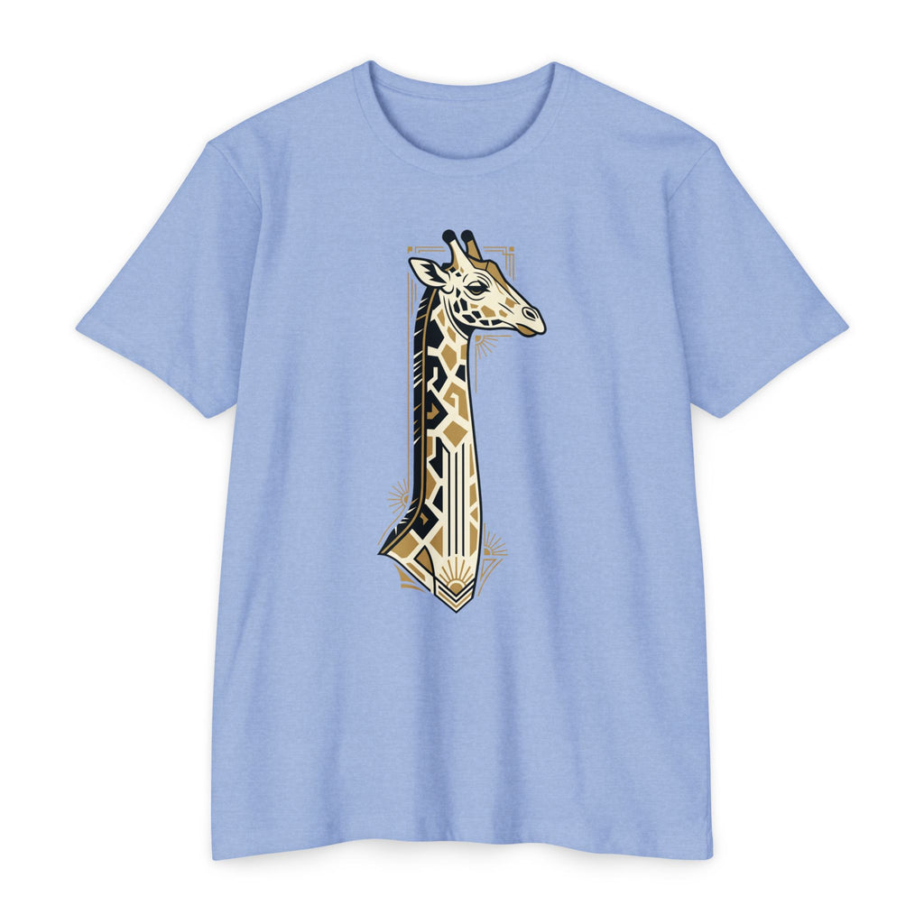 Light blue giraffe graphic T-shirt with Art Deco geometric badge print