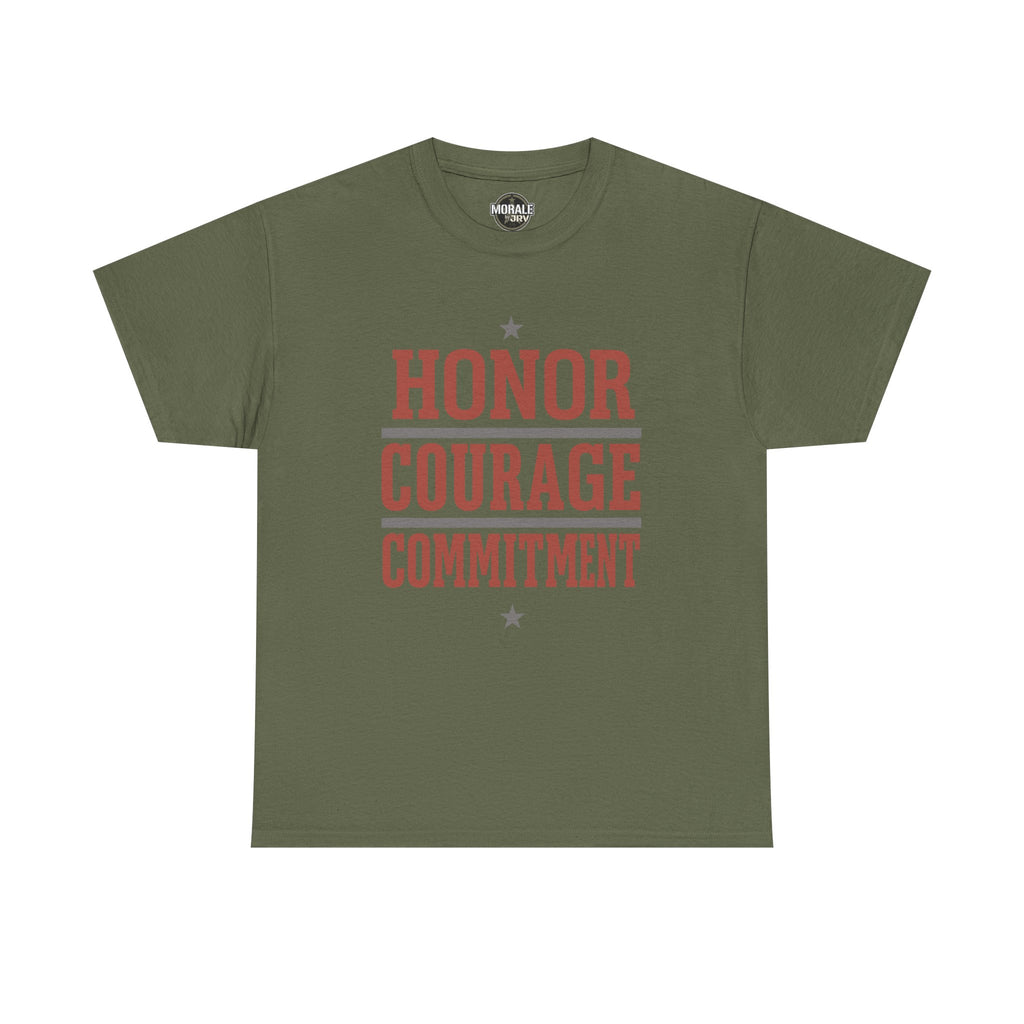 Olive green crew-neck T-shirt with HONOR COURAGE COMMITMENT graphic and stars