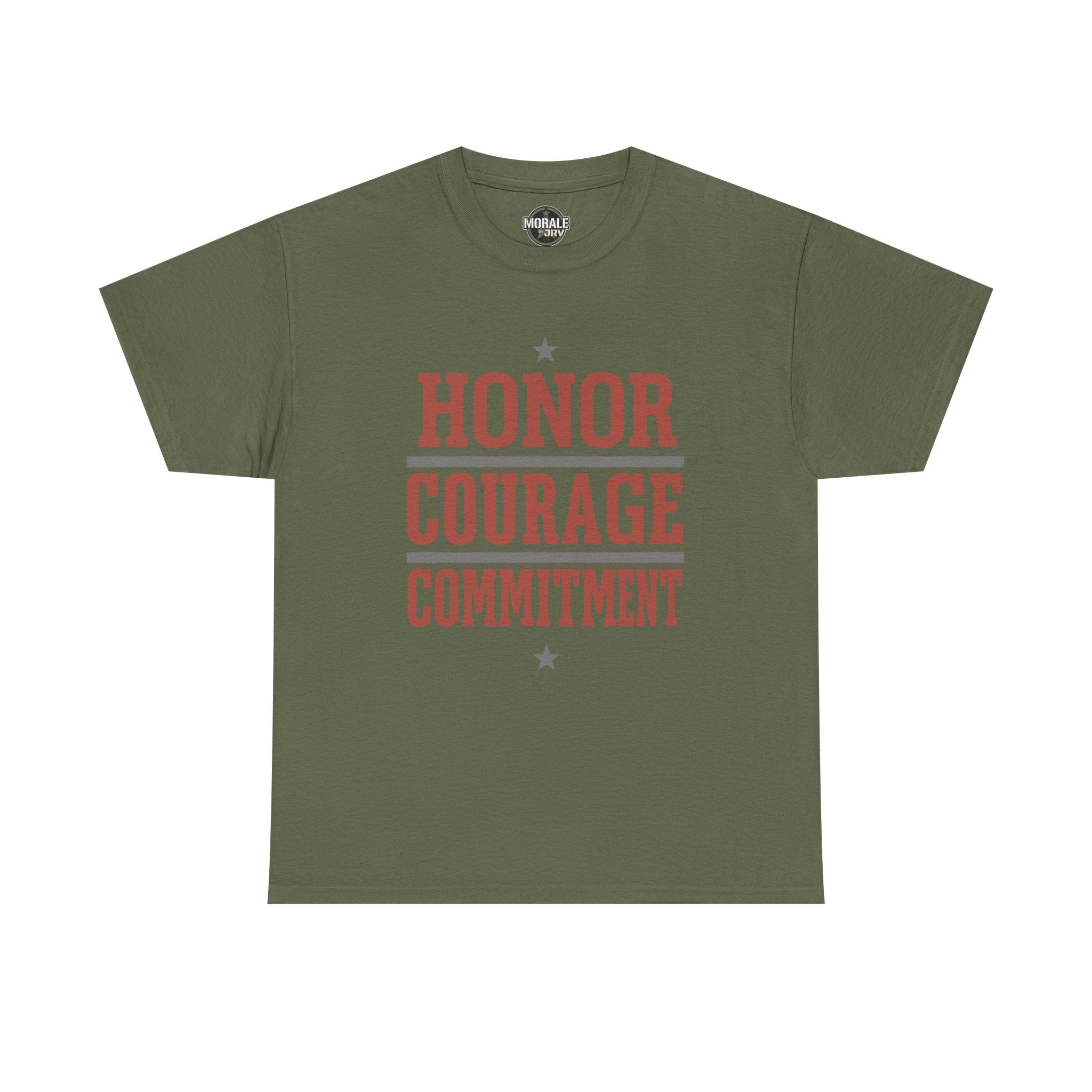 Olive green crew-neck T-shirt with HONOR COURAGE COMMITMENT graphic and stars