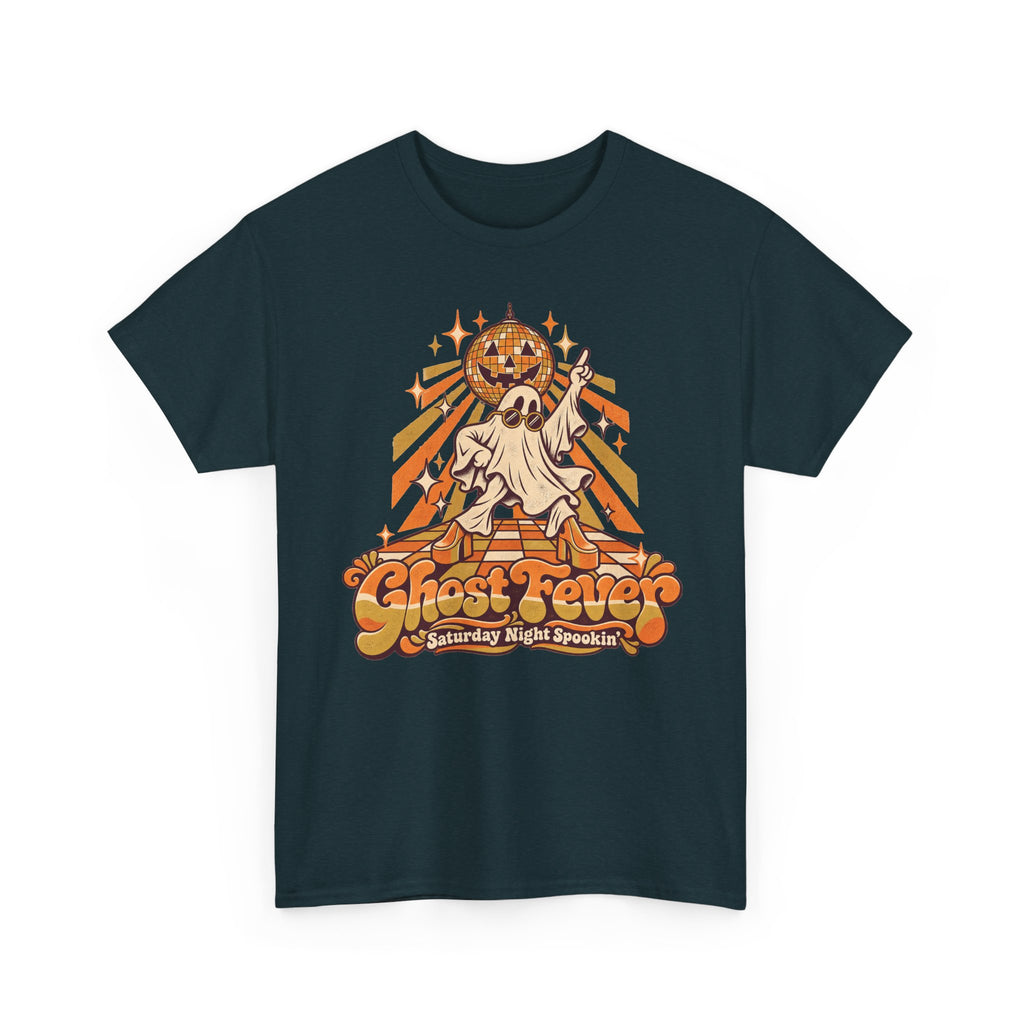 Teal T-shirt with Ghost Fever dancing ghost, jack-o-lantern, and disco ball graphic