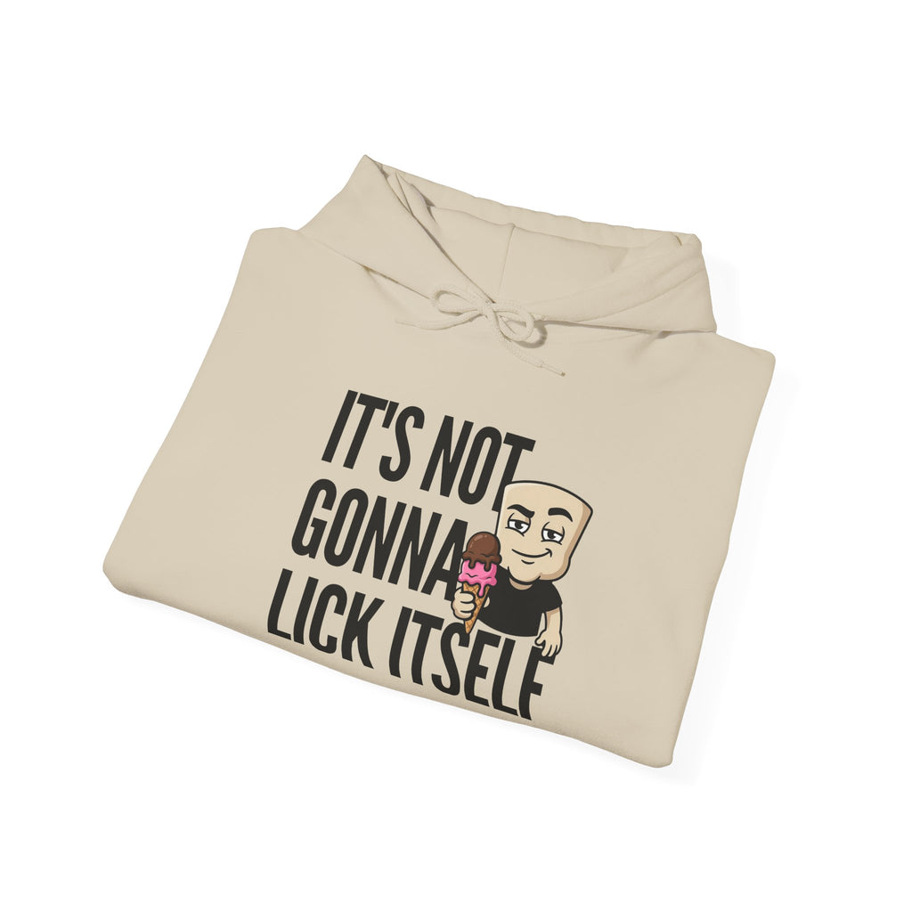 Light cream hoodie with drawstring hood, kangaroo pocket, and ice cream front graphic