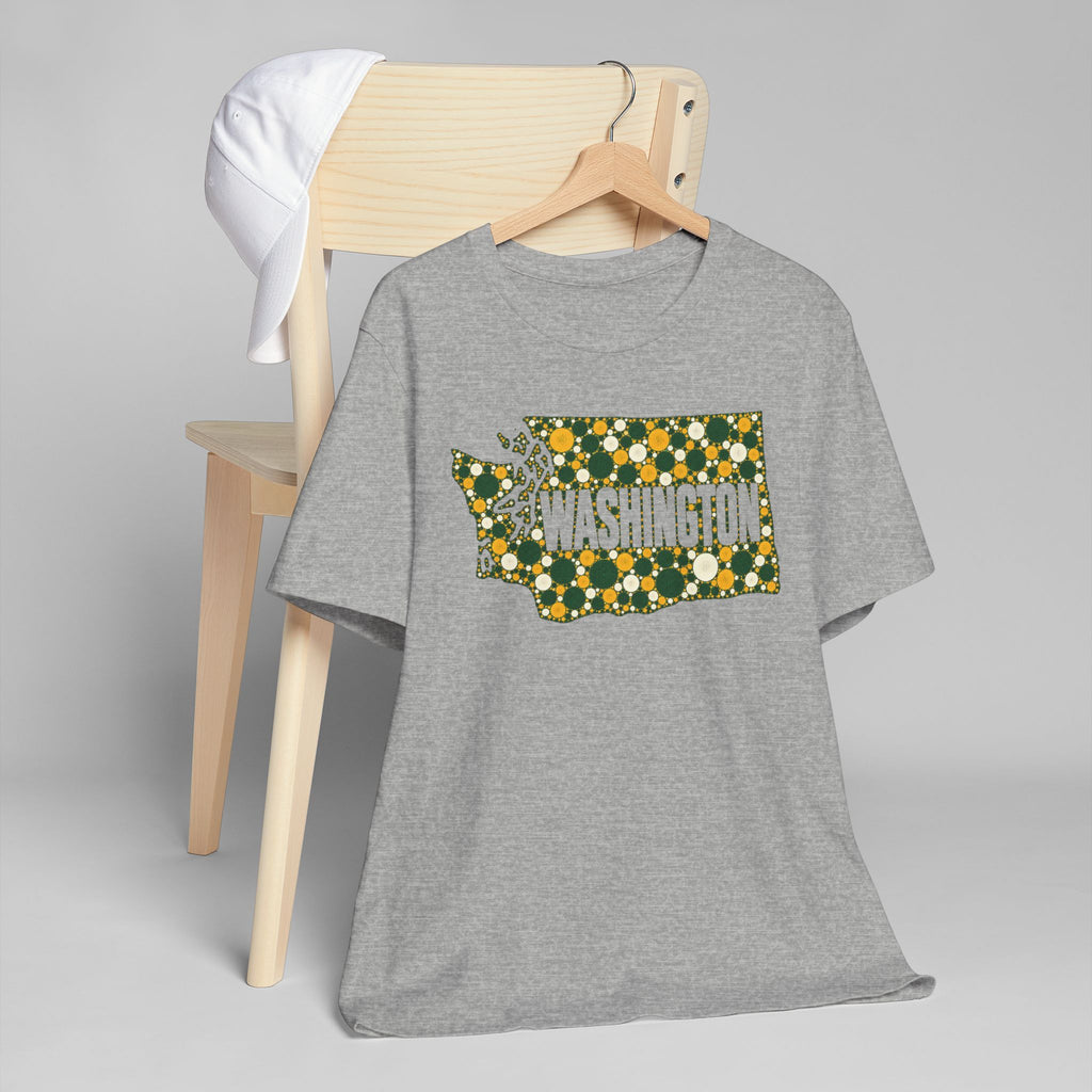 Heather gray crew-neck T-shirt with gold and green floral Washington outline graphic