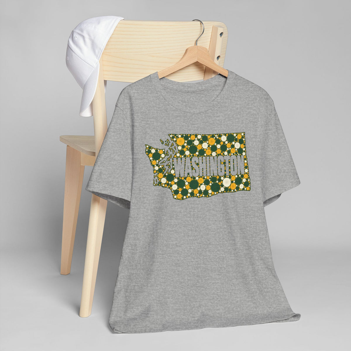 Heather gray crew-neck T-shirt with gold and green floral Washington outline graphic