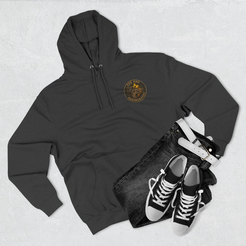 Black pullover hoodie with hood, drawstrings, and small chest logo graphic