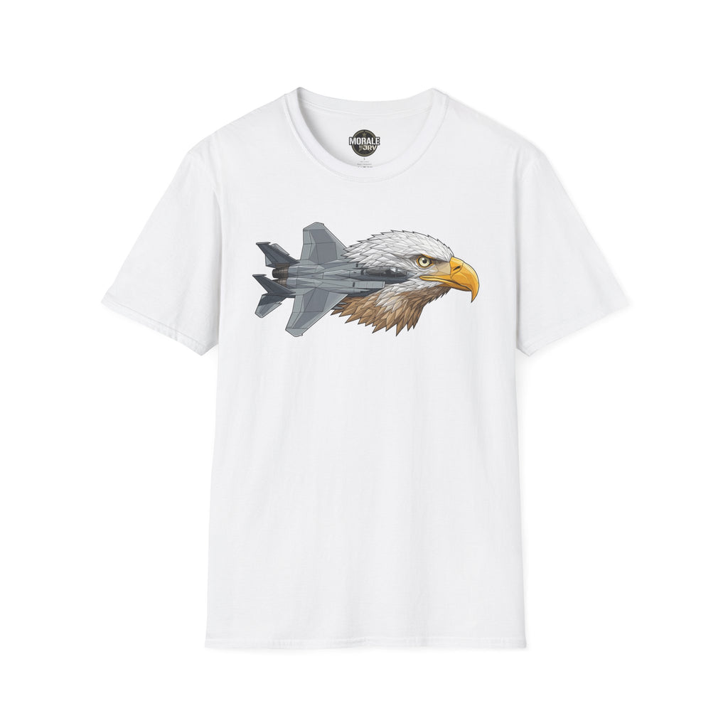 White T-shirt featuring eagle head and gray fighter jet graphic