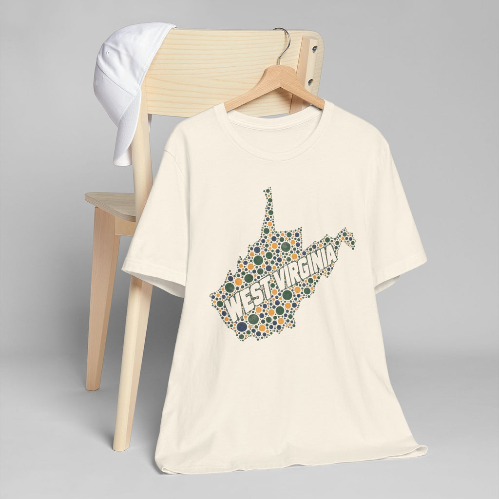 Cream T-shirt with West Virginia floral map outline graphic in multicolor dots