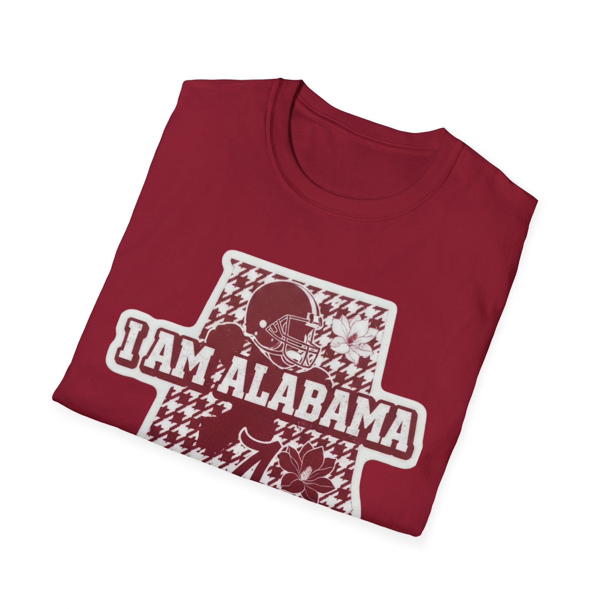 Crimson folded T-shirt showing I AM ALABAMA houndstooth football graphic