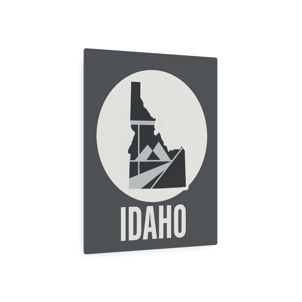 Idaho metal wall art square plaque with circular silhouette and "IDAHO" text