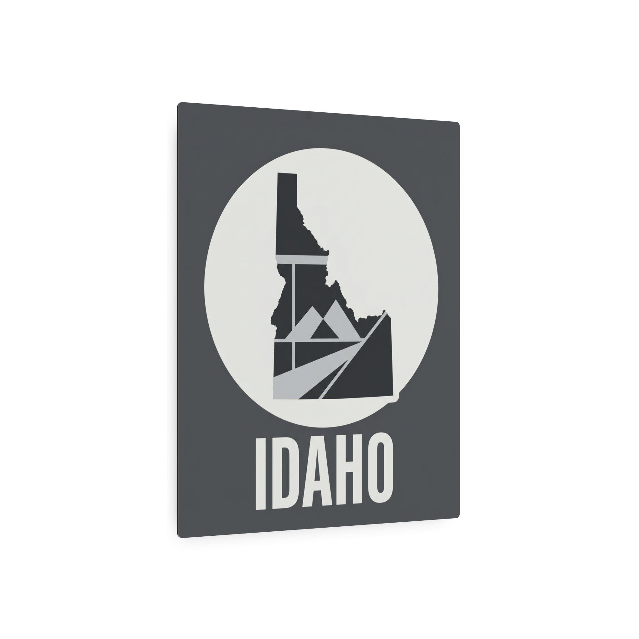 Idaho metal wall art square plaque with circular silhouette and "IDAHO" text