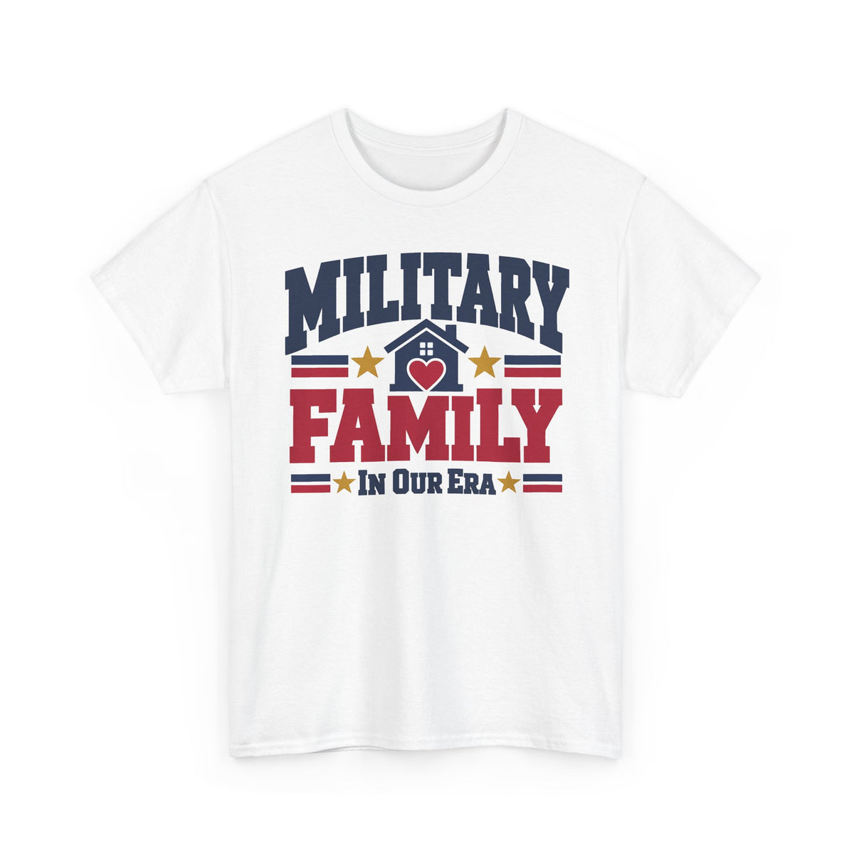 Unisex white T-shirt with centered “Military Family” patriotic heart graphic