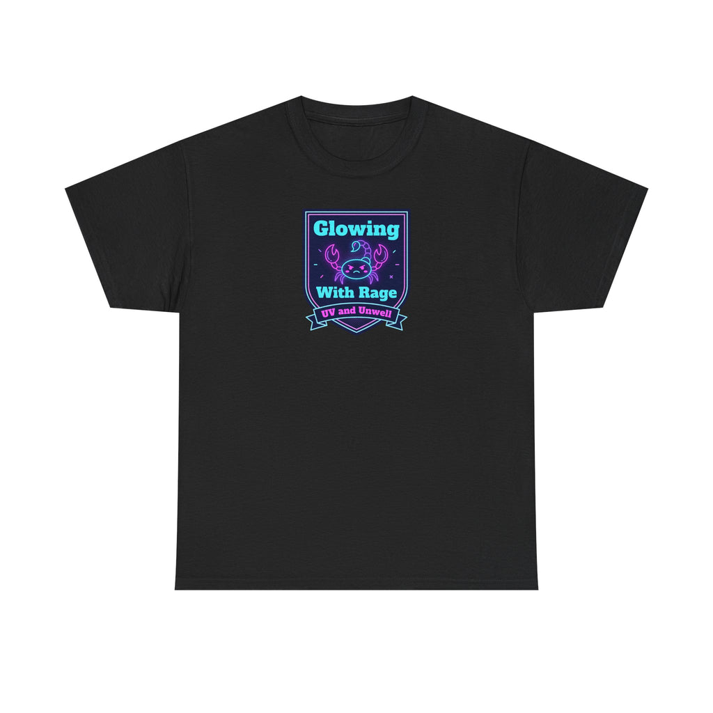 Black crewneck tee with glowing neon shield graphic centered on chest