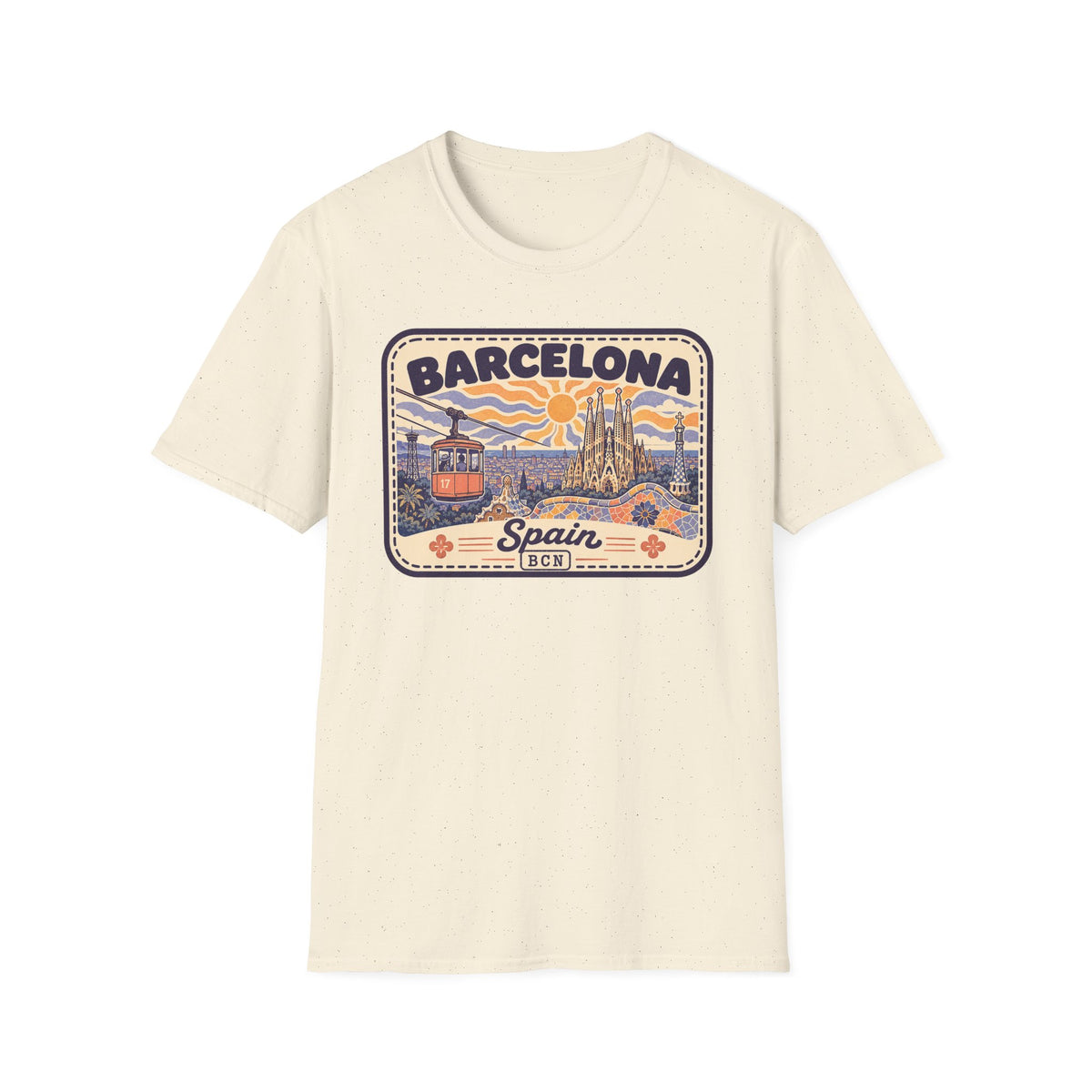 Off-white short-sleeve t-shirt with Barcelona vintage-style graphic and Spain text
