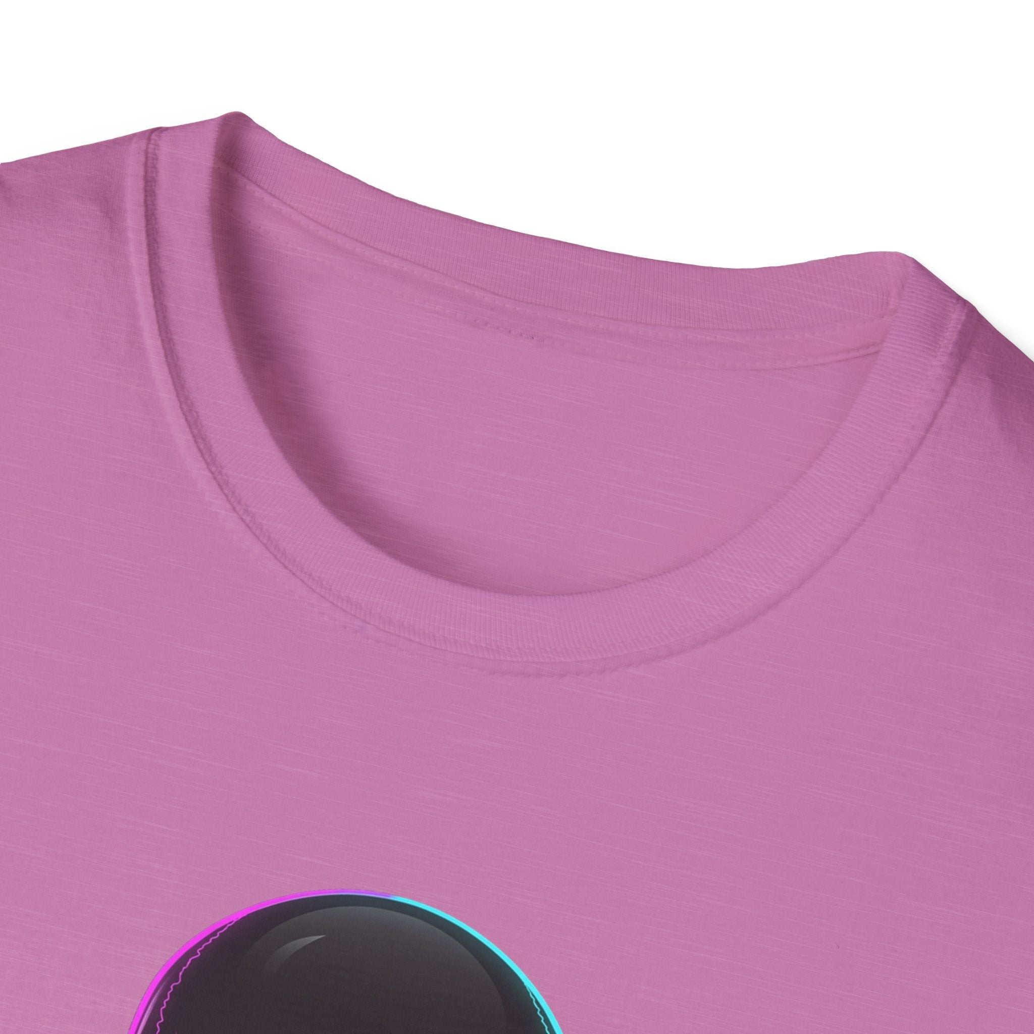 Pink crew-neck T-shirt close-up of collar and fabric texture