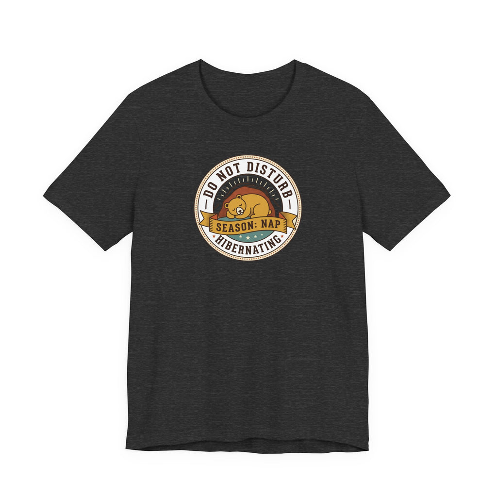 Dark grey heather T-shirt with circular sleeping bear graphic on front