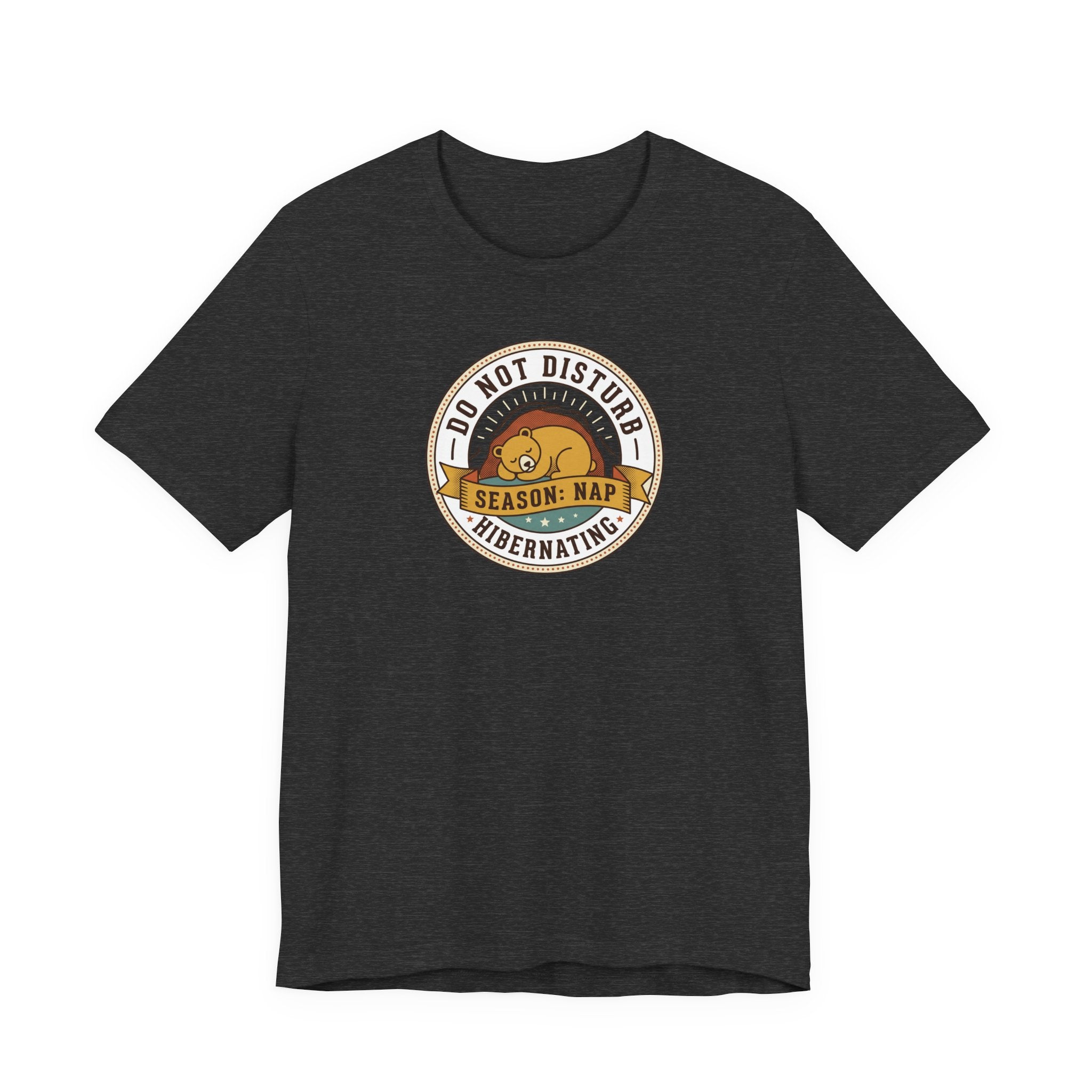 Dark grey heather T-shirt with circular sleeping bear graphic on front