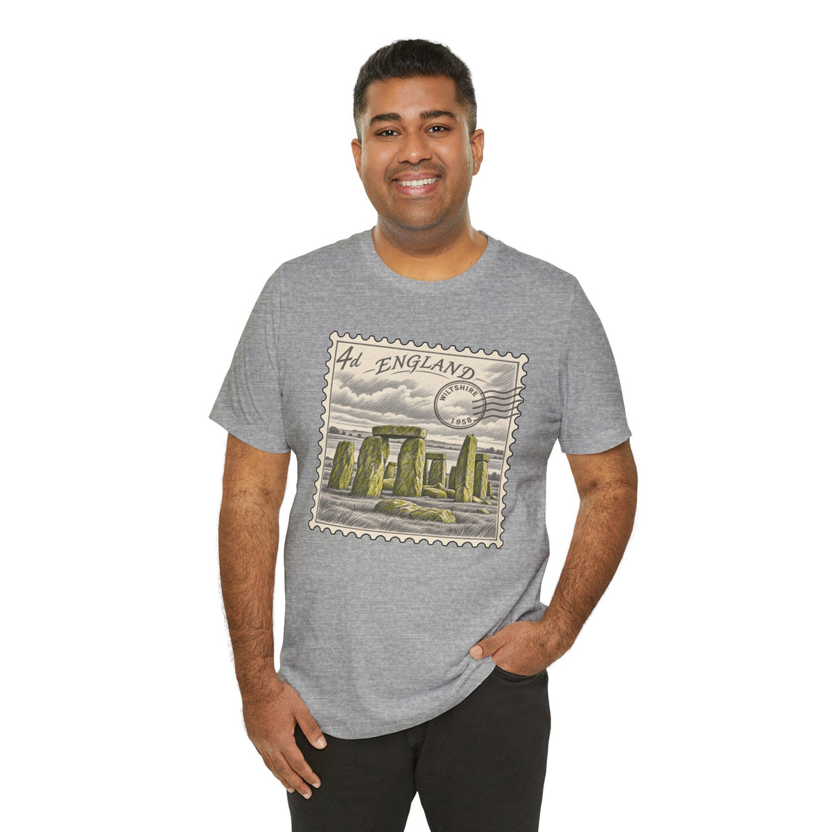 Heather grey short-sleeve t-shirt with England postage stamp graphic on front