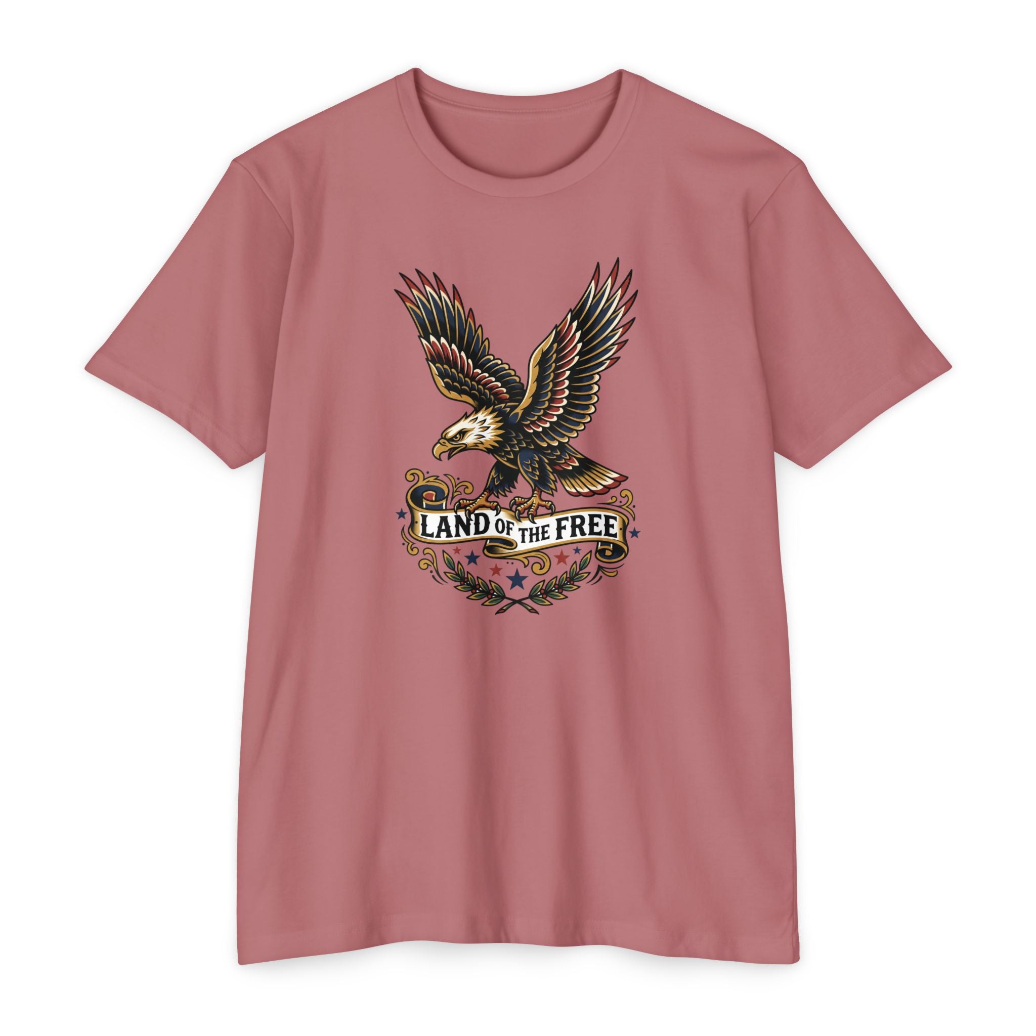 Dusty rose T-shirt with multicolor eagle graphic and “LAND OF THE FREE” text