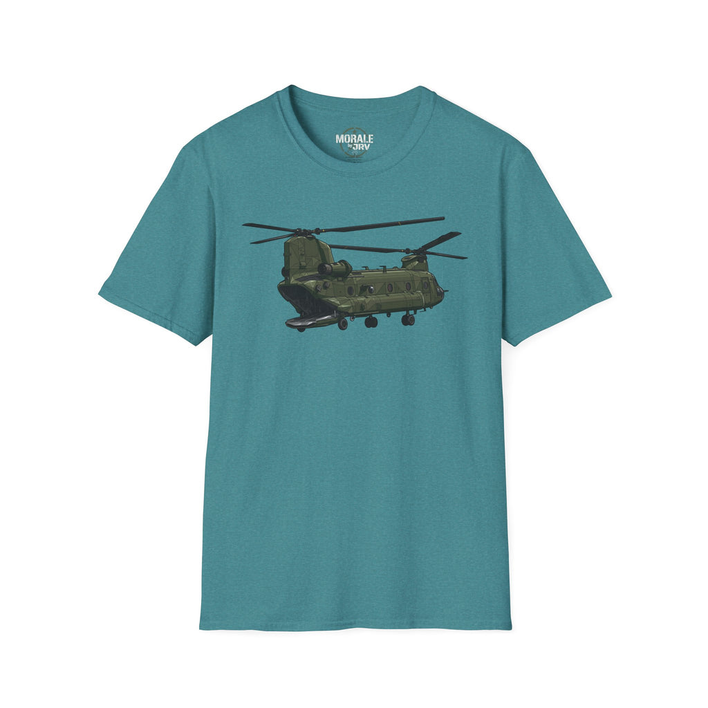 Teal CH-47 Chinook T-Shirt with green helicopter graphic on front