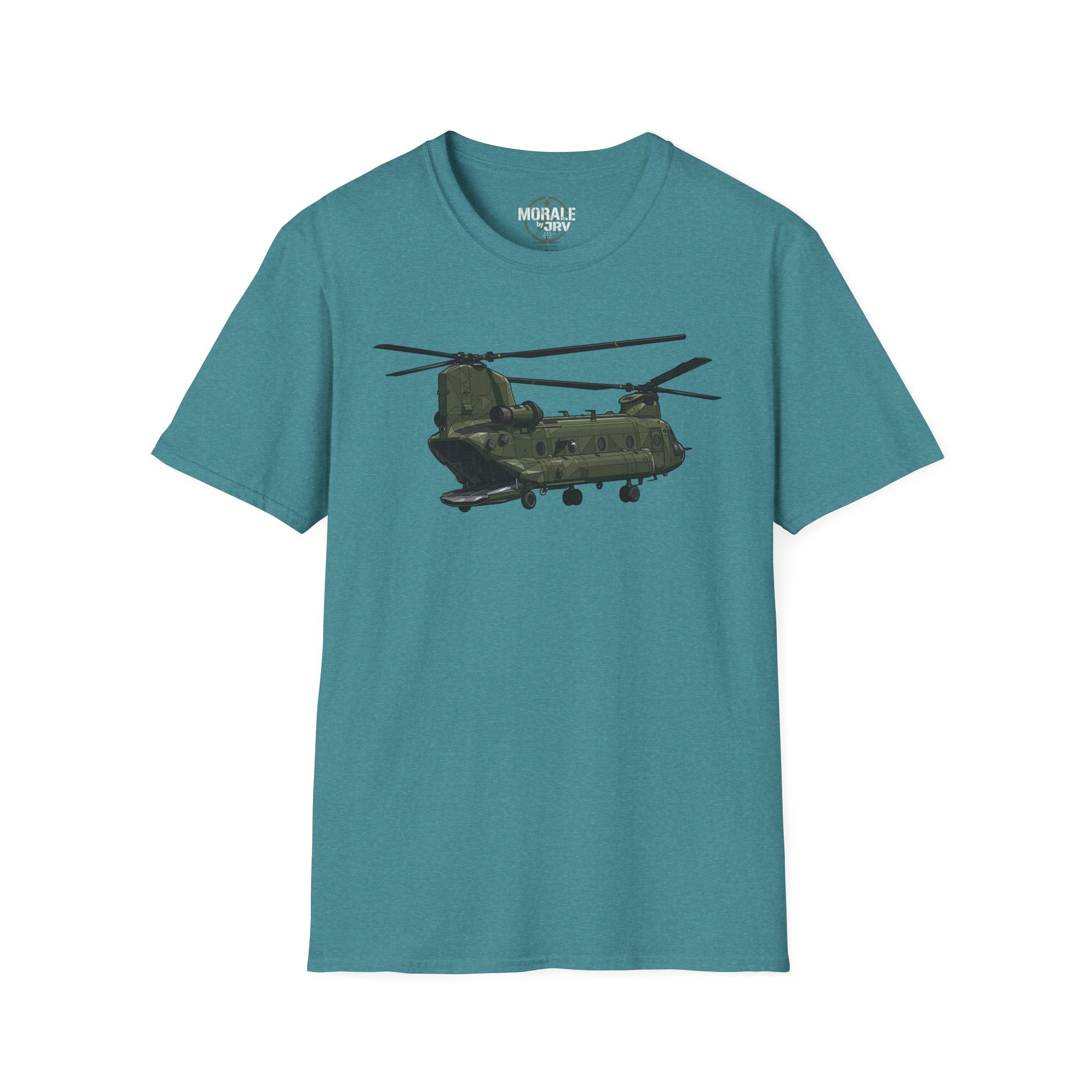 Teal CH-47 Chinook T-Shirt with green helicopter graphic on front