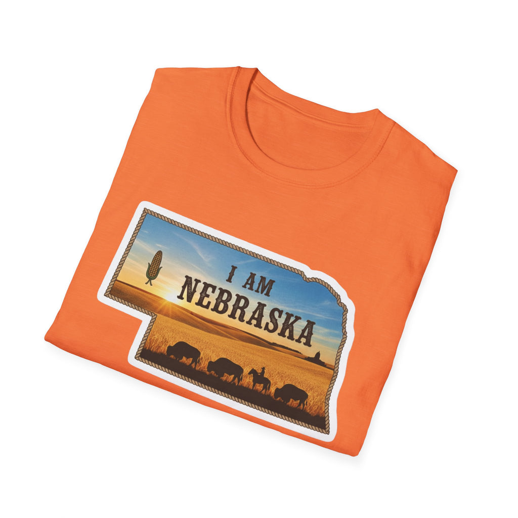 I Am Nebraska T-shirt, orange with Nebraska sunset graphic