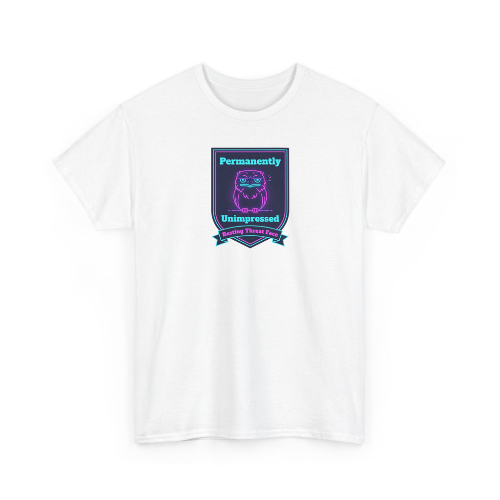 White crewneck T-shirt with rectangular neon robot badge graphic on chest