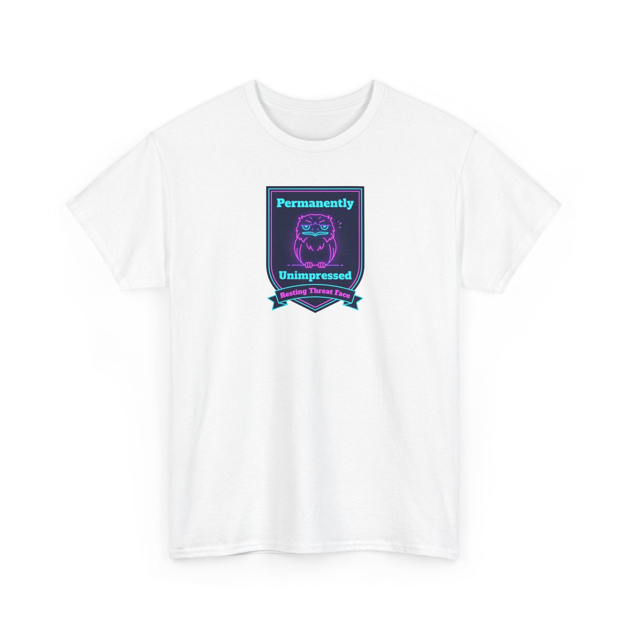 White crewneck T-shirt with rectangular neon robot badge graphic on chest