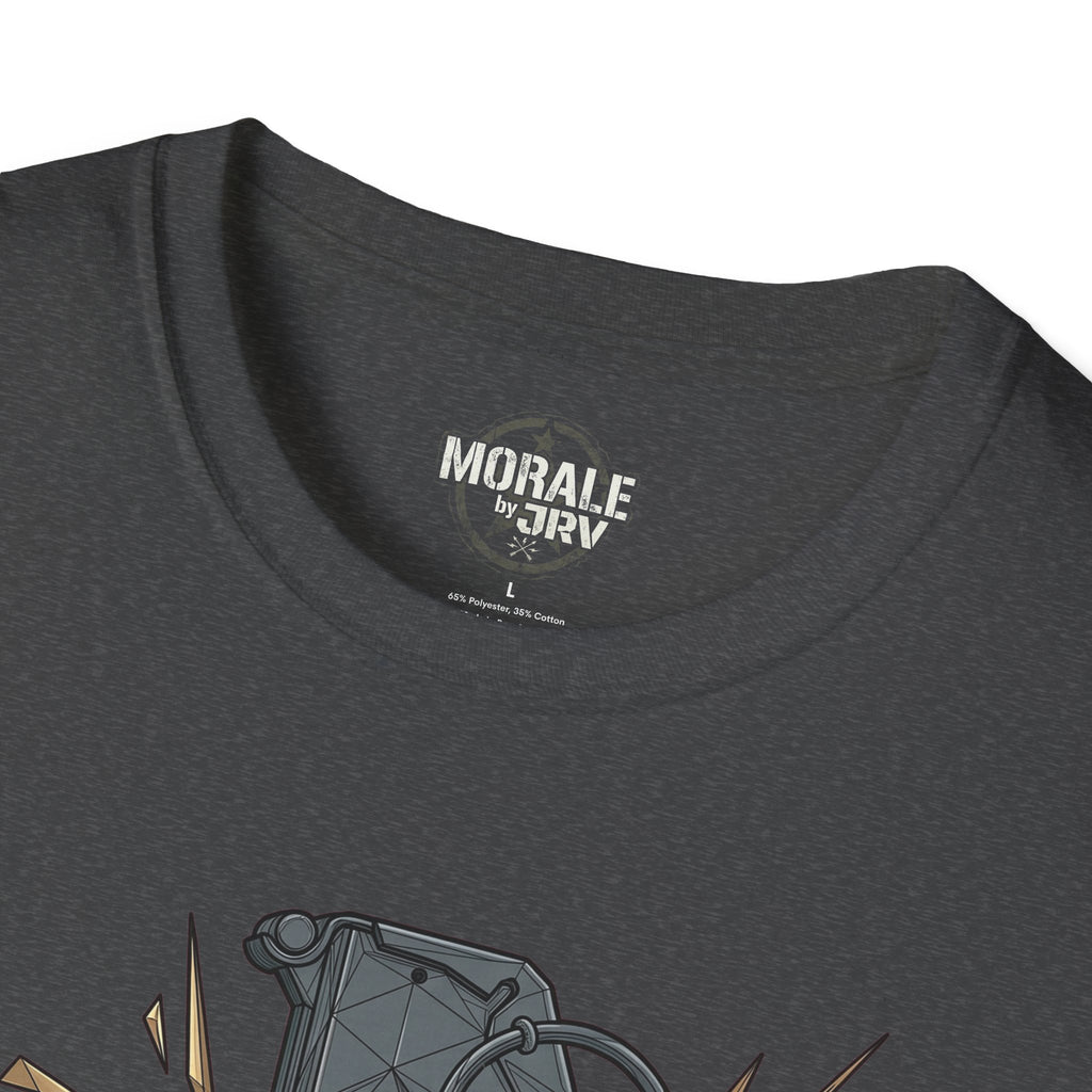 Charcoal T-shirt with “Morale” neck label and top of grenade graphic