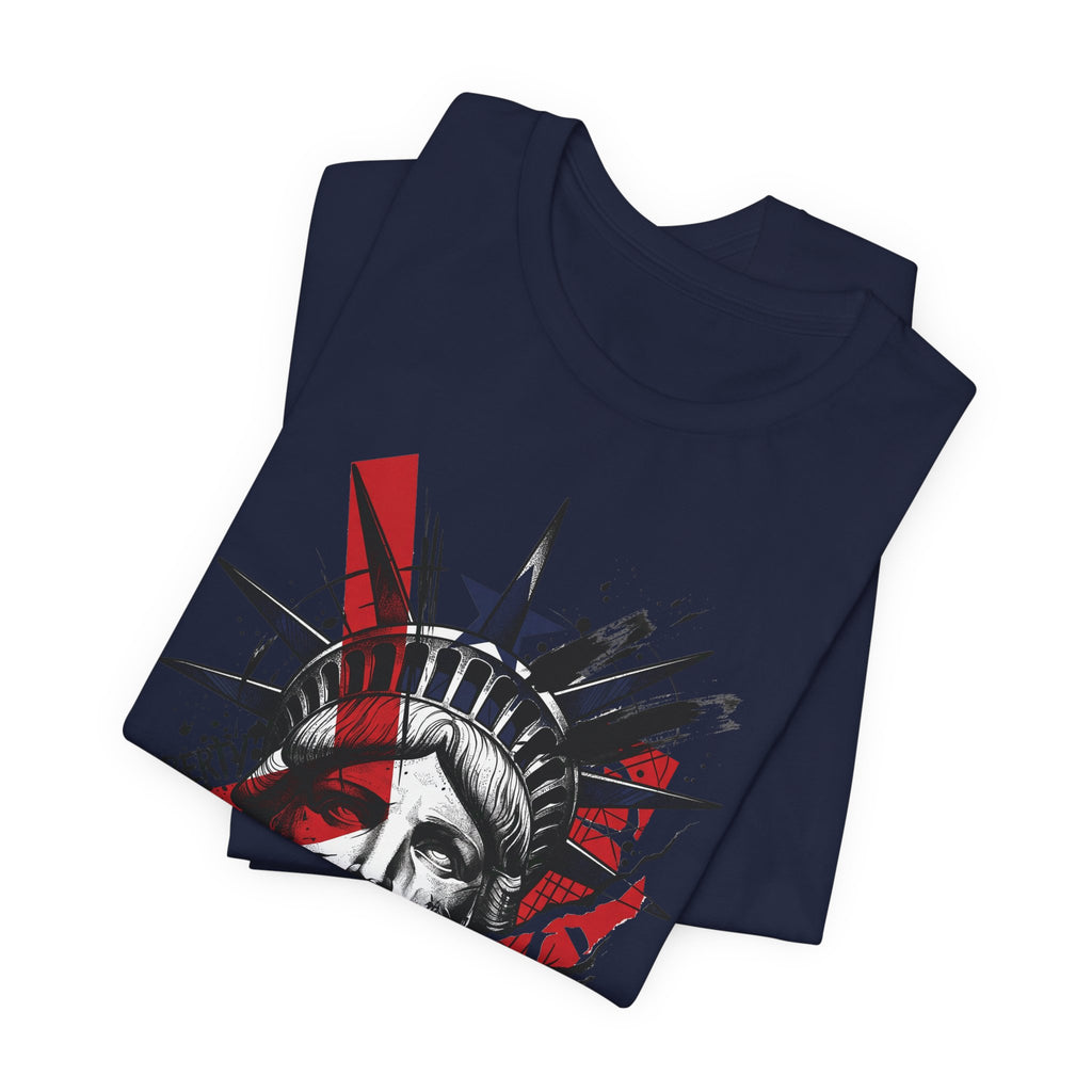 Navy graphic T-shirt with Liberty statue head portrait, red accents