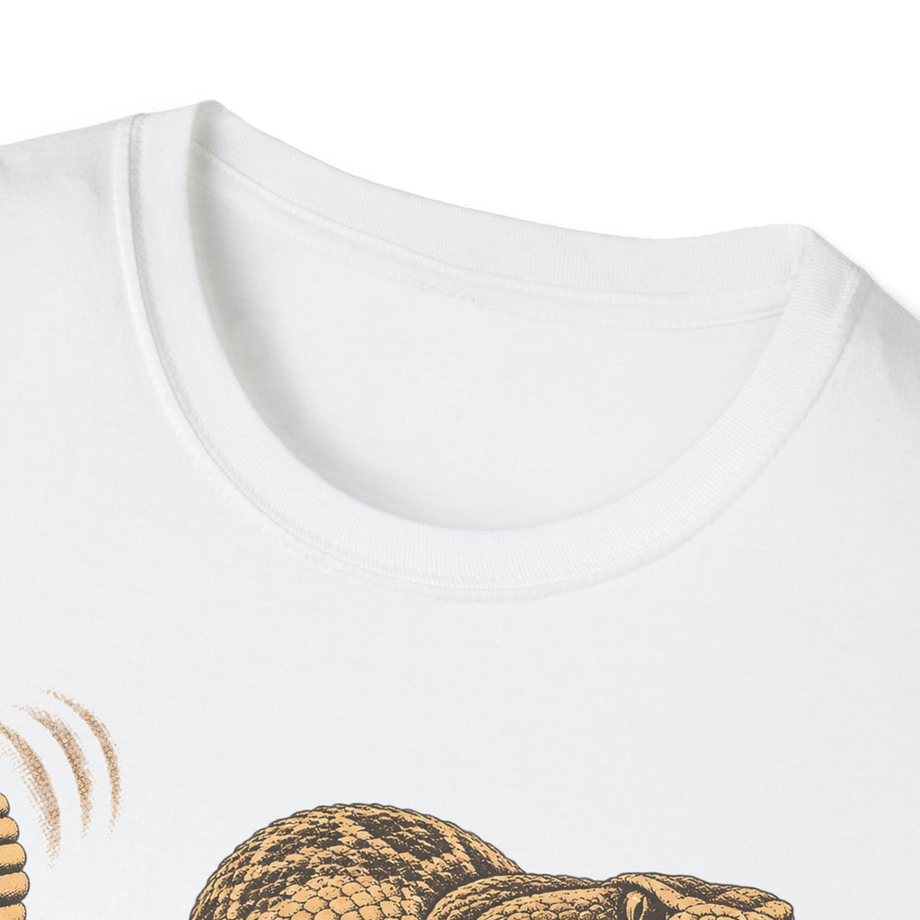 Light gray crewneck T-shirt neckline with partial tan and gold coiled rattlesnake print