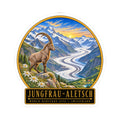 Vinyl sticker with mountains, glacier valley, ibex, and 'JUNGFRAU-ALETSCH' banner