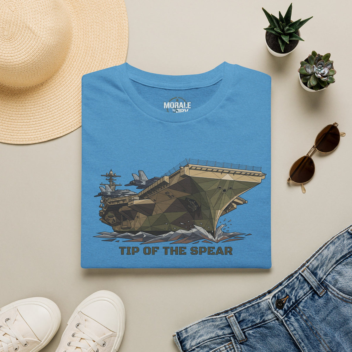 Blue military tank T-shirt with front tank graphic and 'TIP OF THE SPEAR' text