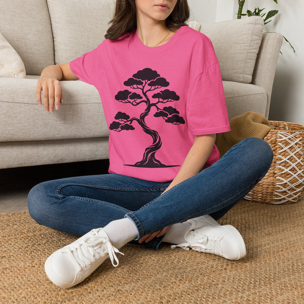 Pink crew-neck t-shirt with black bonsai tree graphic, short sleeves