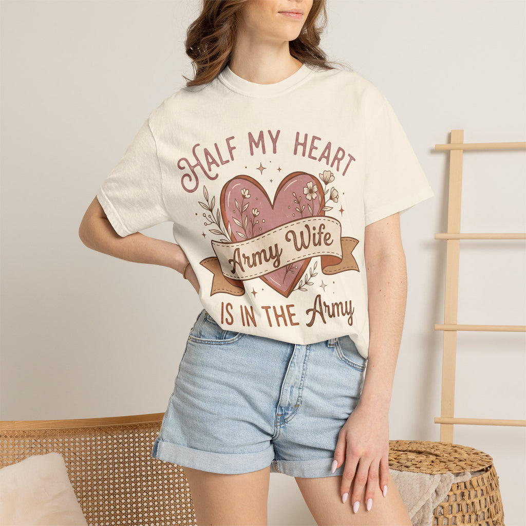 Ivory T-shirt worn by model with half-heart 'Army Wife' and 'In the Army' text