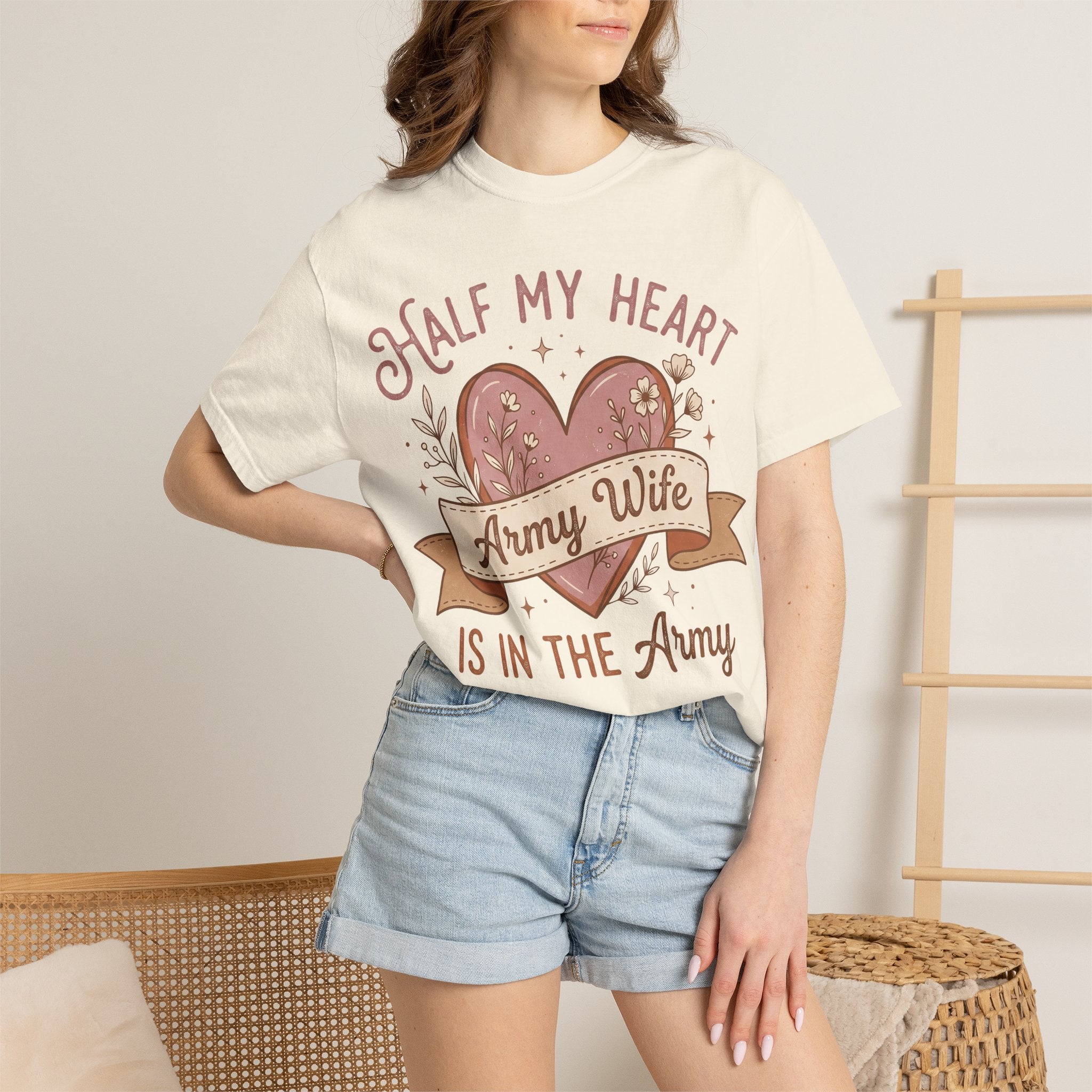 Ivory T-shirt worn by model with half-heart 'Army Wife' and 'In the Army' text