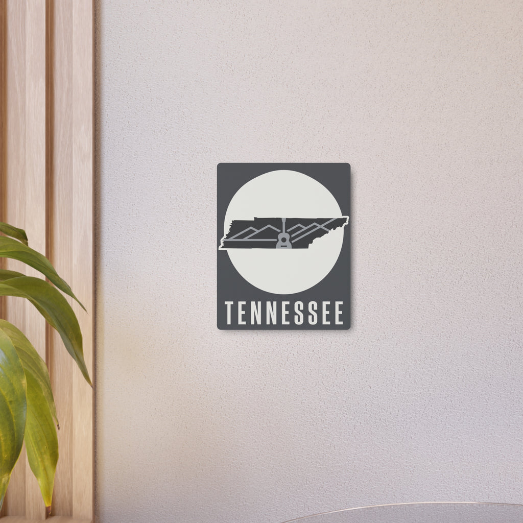 Tennessee metal wall art mounted on wall, dark square sign with circular skyline