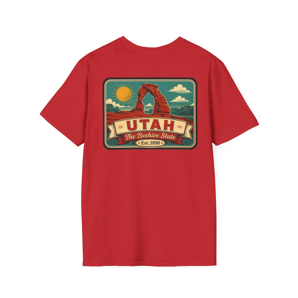 Red crewneck T-shirt with Utah travel badge graphic on the front
