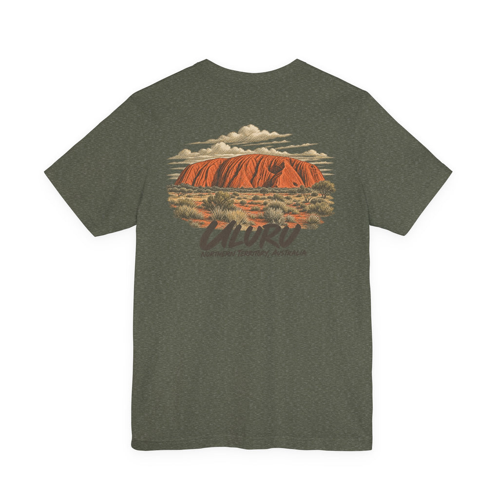 Dark green travel t-shirt with Uluru landscape and AURO text graphic on back
