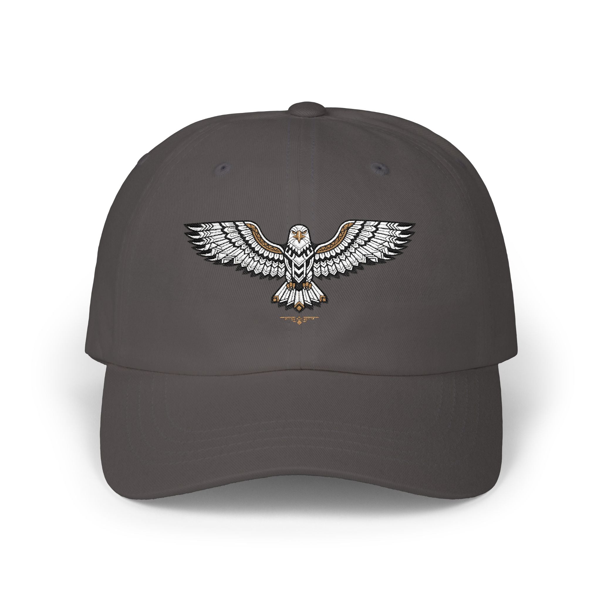Charcoal gray dad cap with embroidered soaring eagle emblem on front