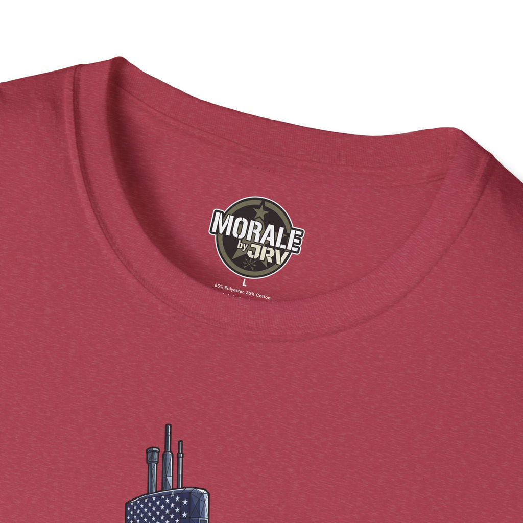 Red crew-neck T-shirt with Morale by JRI back logo