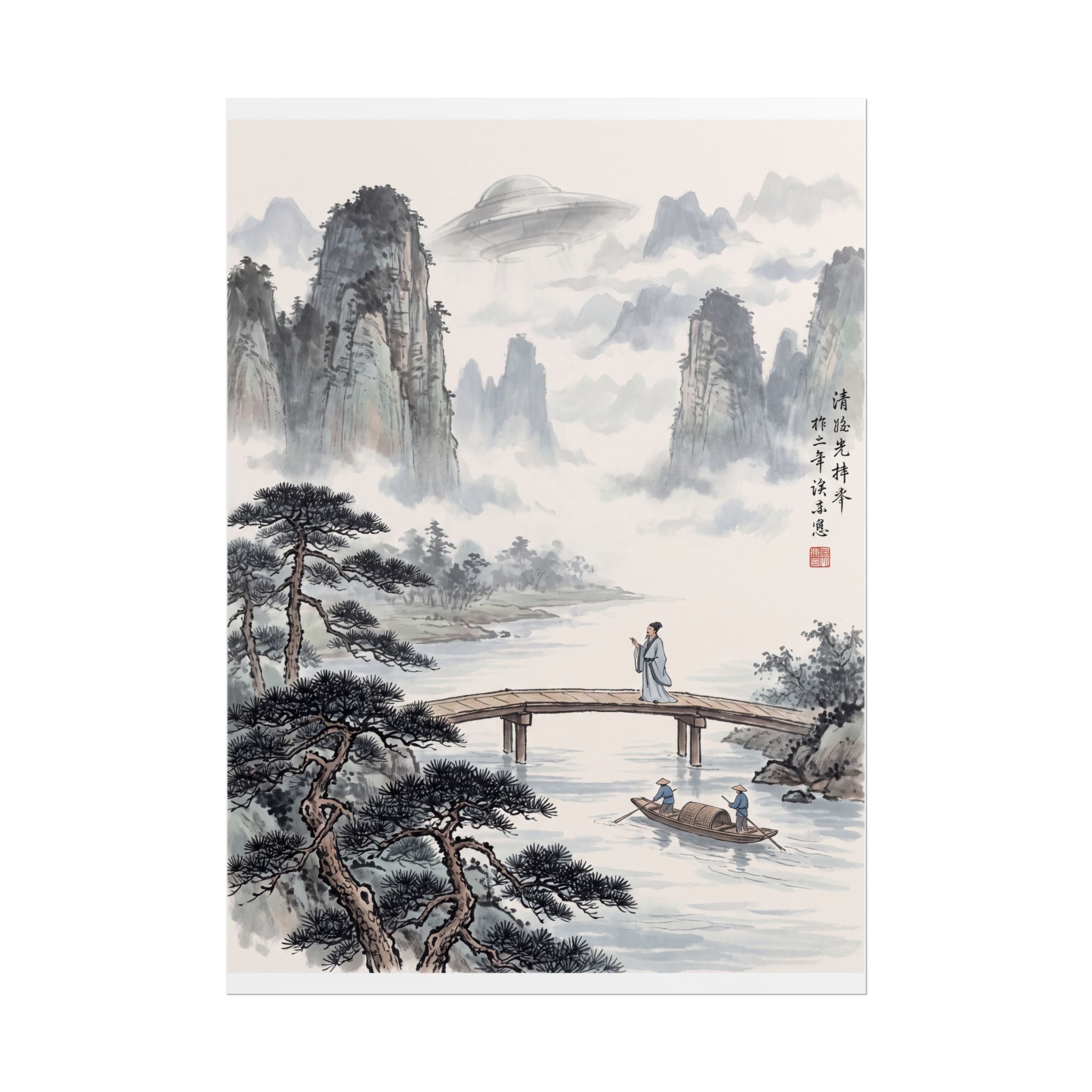 Vertical landscape rolled poster with misty mountains, pine trees, river, and bridge scene