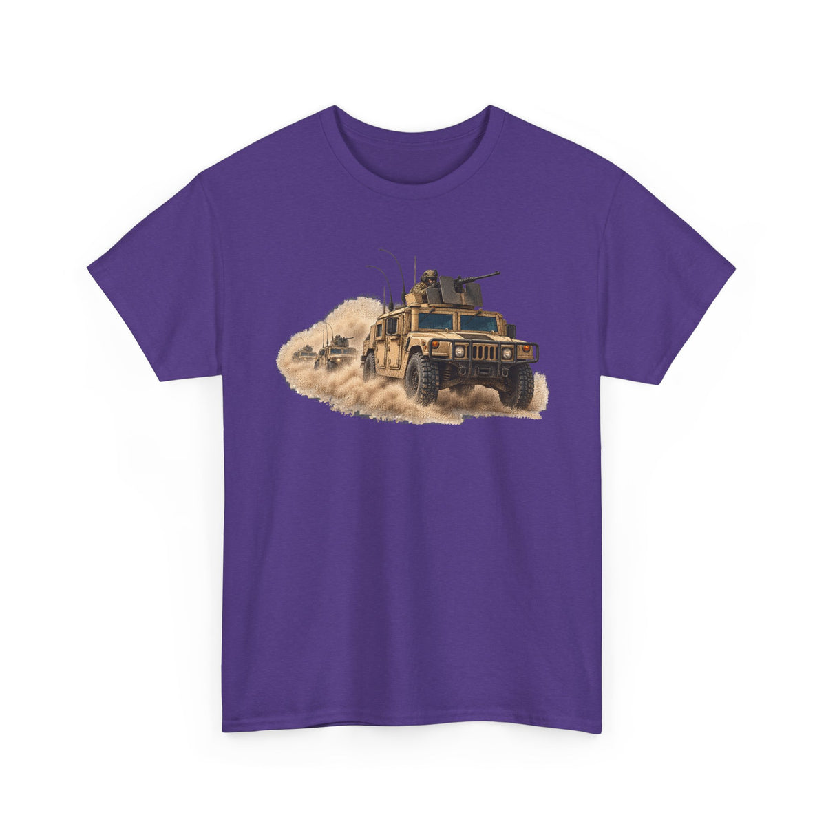 Purple crew-neck T-shirt with armored vehicle graphic and sandy dust cloud