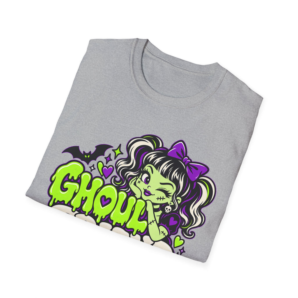 Heather gray Halloween monster graphic T-shirt with Ghoul text and cartoon monster girl graphic