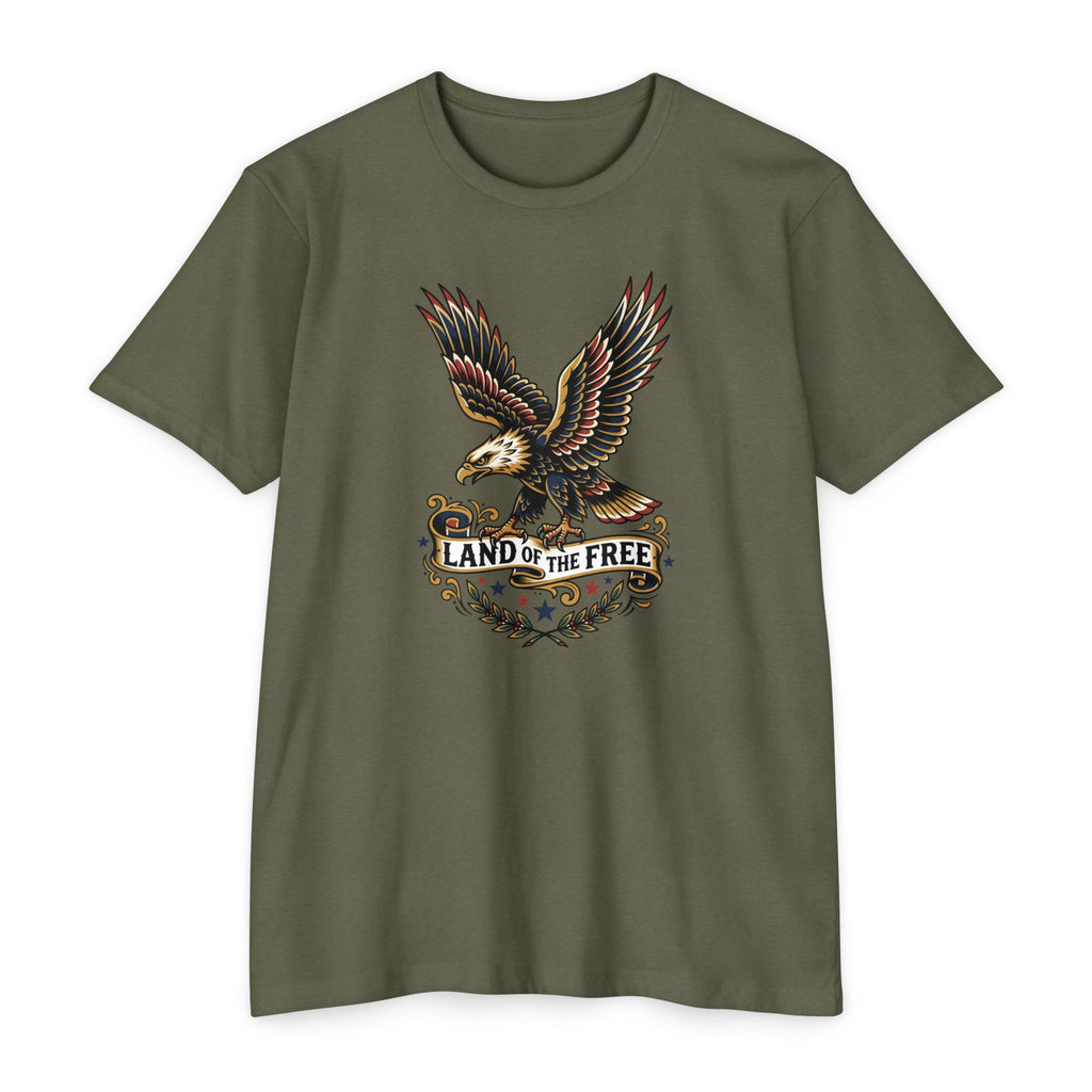 Dark olive T-shirt with multicolor eagle graphic and “LAND OF THE FREE” text