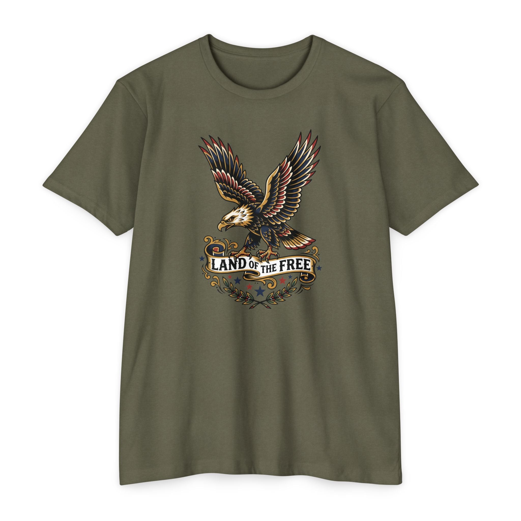 Dark olive T-shirt with multicolor eagle graphic and “LAND OF THE FREE” text