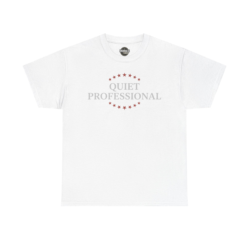 White minimalist graphic T-shirt with front wreath logo and 'Quiet Professional' text