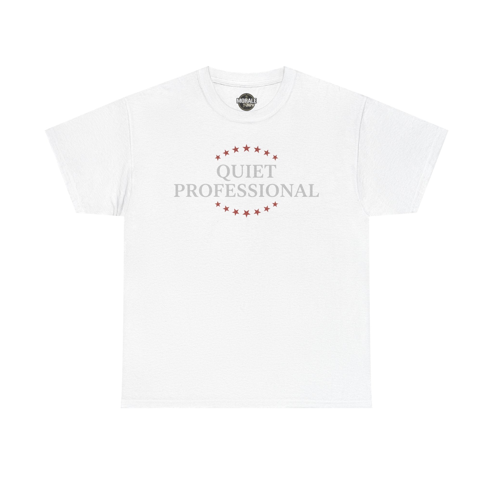 White minimalist graphic T-shirt with front wreath logo and 'Quiet Professional' text