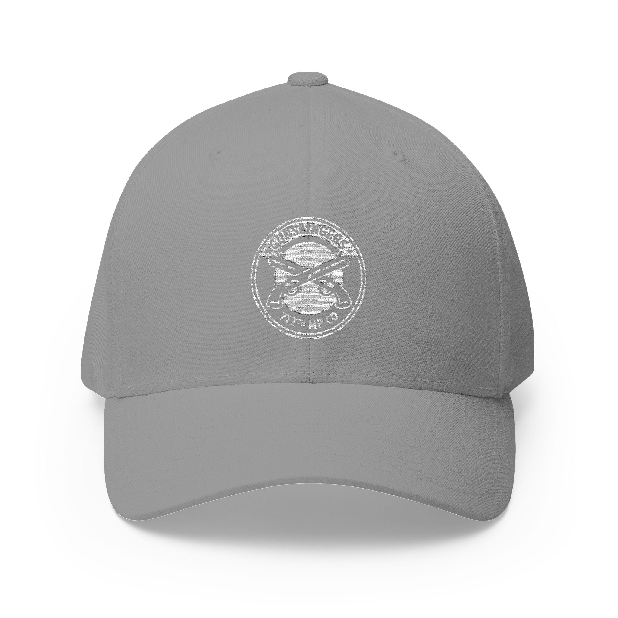 Embroidered baseball cap, light grey with circular white emblem at center