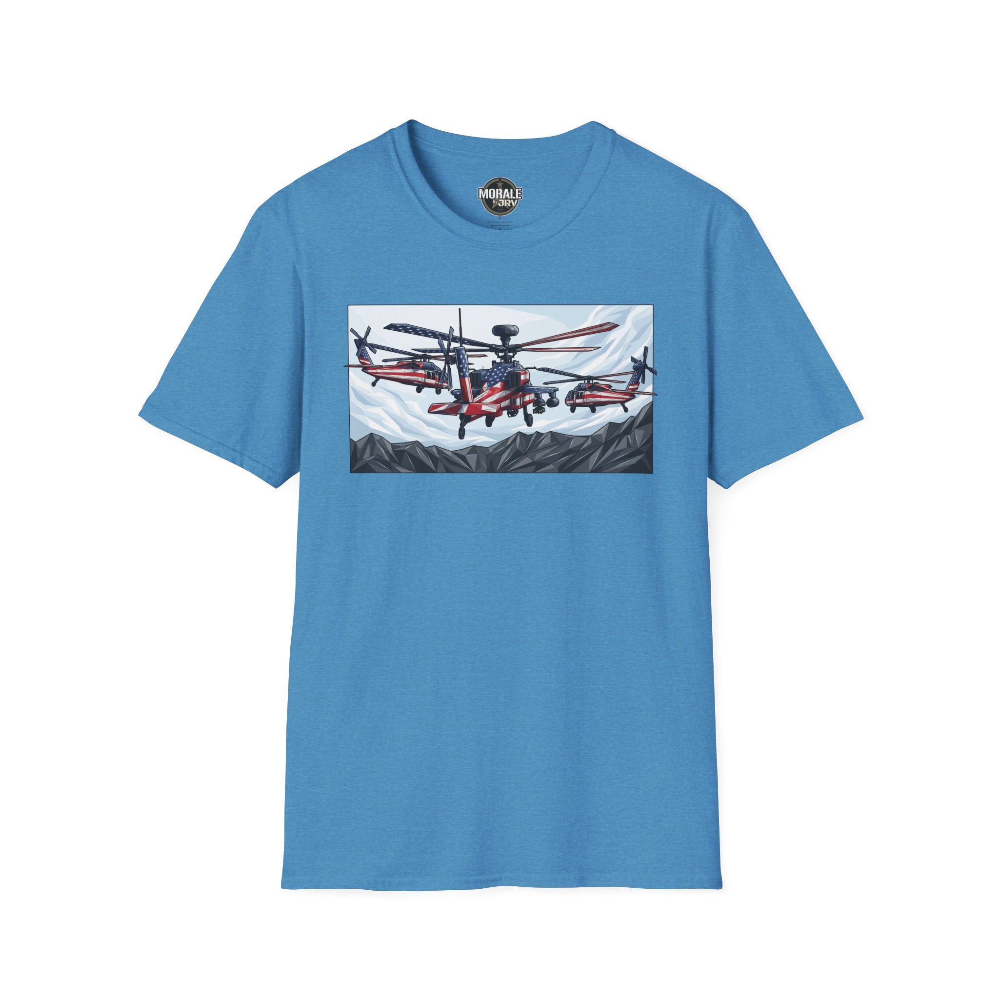 Blue T-shirt with attack helicopter graphic on chest